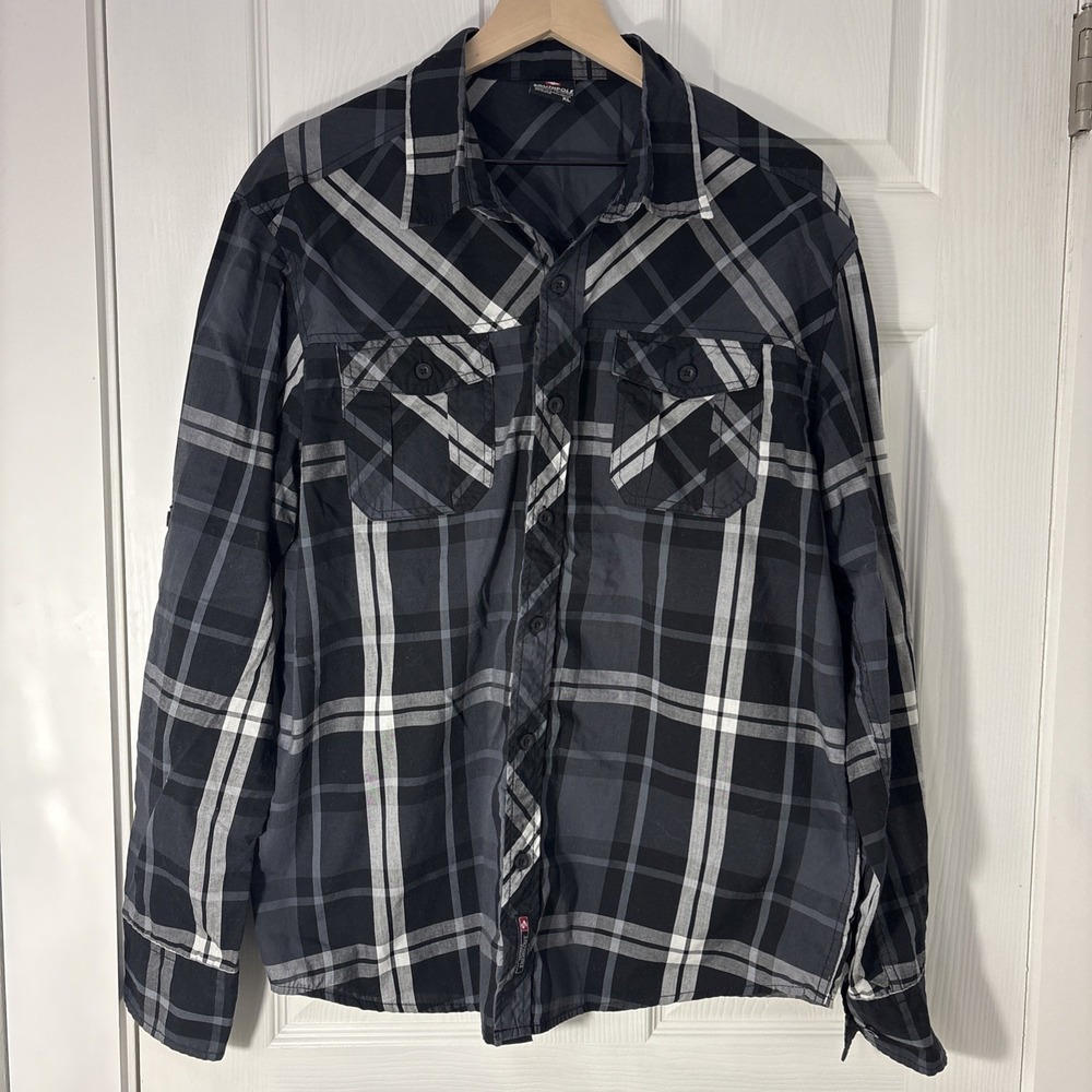 Southpole Mens XL Plaid Long Sleeve Button Up Shirt Black & White Y2K Skater